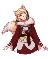 Rule 34 | 1girl, animal ears, blonde hair, blue hair, fire emblem, fire emblem fates, fox ears, fox tail, highres, multicolored hair, nintendo, one eye closed, selkie (fire emblem), simple background, solo, tail, two-tone hair, white background, wonder fufu, yellow eyes