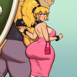 Rule 34 | 1boy, 1girl, alternate costume, armlet, ass, bag, blonde hair, blue eyes, blush, bowser, bracelet, breasts, collar, dress, earrings, green background, grey pants, handbag, highres, holding, holding bag, huge ass, jewelry, large breasts, long hair, looking at viewer, mario (series), nintendo, pants, pink dress, ponytail, princess peach, sideboob, simple background, sphere earrings, spiked armlet, spiked bracelet, spiked collar, spikes, starchy (mrpotatoparty), super mario bros. 1