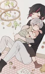 Rule 34 | 2boys, aged down, androgynous, black hair, boots, child, closed eyes, commentary request, father and son, highres, hug, lilia vanrouge, male focus, multicolored hair, multiple boys, okusawa ritsu, pants, paper, pink hair, pointy ears, short hair, short sleeves, silver (twisted wonderland), sleepy, socks, sticker, streaked hair, stuffed animal, stuffed toy, twisted wonderland, white pants