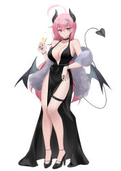 Rule 34 | 1girl, 3:, absurdres, ahoge, bare legs, bare shoulders, bead bracelet, beads, black choker, black dress, black footwear, black nails, bracelet, breasts, champagne flute, choker, cleavage, closed mouth, cocktail dress, covered navel, cup, demon girl, demon horns, demon tail, demon wings, dress, drinking glass, ear piercing, earrings, feather boa, frown, full body, hair ornament, hairclip, halterneck, high heels, highres, holding, holding cup, horns, jewelry, large breasts, long dress, long hair, looking at viewer, low wings, mole, mole under eye, nail polish, no bra, no panties, original, parfait desu, parfy (parfait ehmy), pelvic curtain, piercing, pink hair, pinup (style), red eyes, ring, simple background, sleeveless, sleeveless dress, solo, spaghetti strap, standing, tail, tail raised, thigh strap, thighs, very long hair, white background, wings