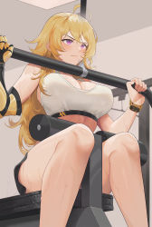 Rule 34 | 1girl, ahoge, bare legs, black shorts, blonde hair, blush, breasts, cleavage, closed mouth, exercising, feet out of frame, gauntlets, highres, indoors, large breasts, long hair, purple eyes, rwby, short shorts, shorts, single gauntlet, sitting, solo, sports bra, sweat, training, v-shaped eyebrows, very long hair, wangxiii, wristband, x-ray, yang xiao long