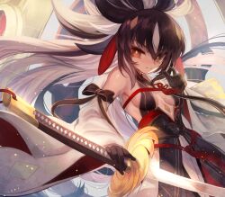 Rule 34 | 1girl, armor, bare shoulders, black gloves, black hair, breasts, center opening, detached sleeves, facial mark, fate/grand order, fate (series), gloves, gold trim, hair between eyes, high ponytail, holding, holding sword, holding weapon, japanese armor, katana, layered skirt, long hair, looking at viewer, m0 chi, medium breasts, multicolored hair, nagao kagetora (fate), sidelocks, skirt, smile, sword, two-tone hair, uesugi kenshin (fate), uesugi kenshin (third ascension) (fate), very long hair, weapon, white hair, wide sleeves, yellow eyes