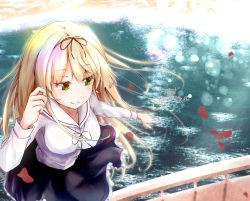 Rule 34 | baileys (tranquillity650), black ribbon, black skirt, blonde hair, casual, day, floating hair, green eyes, hair ornament, hair ribbon, hand up, highres, kantai collection, long hair, looking away, outdoors, petals, ribbon, shirt, signature, skirt, smile, solo, straight hair, twitter username, white shirt, wind, yuudachi (kancolle)