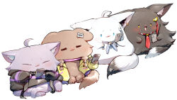 Rule 34 | 4girls, ahoge, animal ear fluff, animal ears, animalization, blue neckerchief, bone hair ornament, cat ears, cat girl, cat tail, cellphone, chibi, dog ears, dog girl, dog tail, ear piercing, fox ears, fox girl, fox tail, grey jacket, hair ornament, highres, holding, holding phone, hololive, hololive gamers, ikayaki (ikayaki4), inugami korone, inugami korone (dog), jacket, long sleeves, multiple girls, neckerchief, necktie, nekomata okayu, nekomata okayu (cat), ookami mio, ookami mio (wolf), open mouth, phone, piercing, red necktie, shirakami fubuki, shirakami fubuki (fox), smartphone, tail, virtual youtuber, wolf ears, wolf girl, wolf tail, yellow jacket