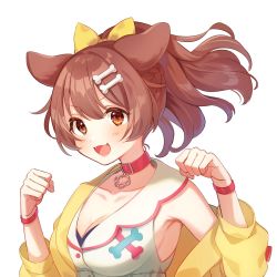 Rule 34 | 1girl, :3, :d, alternate hairstyle, animal collar, animal ears, armpit crease, armpit peek, ayame (3103942), blush, bone hair ornament, bow, bracelet, braid, breasts, brown eyes, brown hair, buttons, cartoon bone, cleavage, clenched hands, collar, collarbone, dog ears, dog girl, dog tail, dress, fangs, hair between eyes, hair ornament, hair ribbon, hairclip, half updo, highres, hololive, inugami korone, inugami korone (1st costume), jacket, jewelry, long hair, looking at viewer, medium breasts, off-shoulder jacket, off shoulder, open mouth, ponytail, red bow, red collar, ribbon, side braid, sideboob, simple background, smile, solo, tail, upper body, v-shaped eyebrows, virtual youtuber, w arms, white background, white dress, wristband, yellow jacket