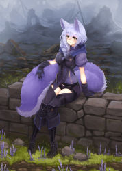 Rule 34 | 1girl, absurdres, animal ears, arknights, barbariank, black gloves, black pants, blue hair, blush, braid, commentary, crotchless, crotchless pants, day, english commentary, gloves, grass, hair between eyes, hair over shoulder, highres, large tail, long hair, looking at viewer, outdoors, pants, provence (arknights), puffy short sleeves, puffy sleeves, short sleeves, single braid, sitting, smile, solo, tail, thigh strap, yellow eyes