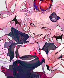 Rule 34 | 1girl, bear hair ornament, black shirt, blue eyes, blush, bow, breasts, choker, cleavage, collarbone, crown, danganronpa: trigger happy havoc, danganronpa (series), enoshima junko, hair ornament, highres, kuroume (aihikarikuroume24), large breasts, long hair, looking at viewer, mini crown, nail polish, necktie, open mouth, pink hair, school uniform, shirt, simple background, skirt, sleeves rolled up, smile, solo, tongue, tongue out, twintails, white background