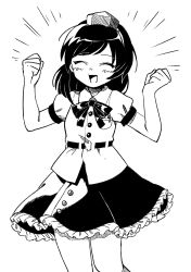 Rule 34 | 1girl, :d, ^ ^, belt, closed eyes, collared shirt, emphasis lines, facing viewer, greyscale, hands up, hat, jumping, medium hair, monochrome, open mouth, sasa kichi, shameimaru aya, shirt, simple background, skirt, smile, solo, standing, tokin hat, touhou, white background