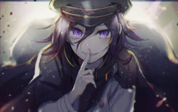 Rule 34 | 1boy, black cape, black hair, black hat, brown background, buttons, cape, commentary request, danganronpa (series), danganronpa v3: killing harmony, finger to mouth, grey jacket, hair between eyes, hand up, hat, index finger raised, jacket, light, long sleeves, looking at viewer, male focus, oma kokichi, onko, open mouth, peaked cap, purple eyes, short hair, smile, solo