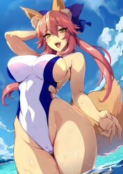 Rule 34 | 1girl, absurdres, animal ears, breasts, fate (series), highres, large breasts, non-web source, outdoors, partially submerged, sideboob, solo, swimsuit, tagme, tail, tamamo (fate), tamamo no mae (fate/extra), water, wet