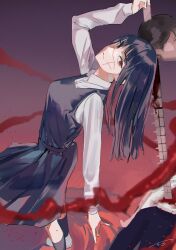 Rule 34 | 1girl, absurdres, black hair, blood, chainsaw man, cross scar, dress, facial scar, fourth east high school uniform, gradient background, head tilt, highres, holding, holding sword, holding weapon, long hair, looking at viewer, pinafore dress, red eyes, ringed eyes, scar, scar on cheek, scar on face, school uniform, seies ss, severed head, sleeveless, sleeveless dress, solo, spine, sword, tanaka (chainsaw man), weapon, yoru (chainsaw man)