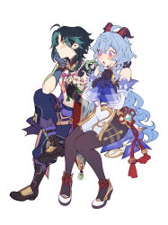 Rule 34 | 1boy, 1girl, absurdres, ahoge, aqua hair, bad id, bad twitter id, bare shoulders, bead necklace, beads, bell, belt, black bodysuit, black gloves, black hair, blue hair, blush, bodysuit, bouquet, chinese knot, cowbell, crossed legs, detached sleeves, elbow on knee, facial mark, flower, flower knot, forehead mark, ganyu (genshin impact), gem, genshin impact, gloves, gradient eyes, hair between eyes, hair intakes, hand on own chin, highres, holding, holding bouquet, horns, jewelry, knees together feet apart, leg armor, lilyglazed, long hair, looking at flowers, looking away, midriff, multicolored eyes, multicolored hair, necklace, open mouth, own hands clasped, own hands together, pants, petals, purple eyes, red eyes, rope, sash, shoes, sidelocks, sitting, sparkling eyes, spikes, tattoo, two-tone hair, vambraces, very long hair, white background, wide sleeves, xiao (genshin impact), yellow eyes
