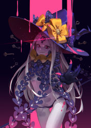 Rule 34 | 1girl, abigail williams (fate), abigail williams (third ascension) (fate), black bow, black hat, black panties, blood, bow, breasts, colored skin, fate/grand order, fate (series), forehead, glowing, glowing eye, grey hair, grin, hat, key, keyhole, long hair, looking at viewer, multiple bows, orange bow, outstretched arm, panties, parted bangs, pink blood, pink eyes, polka dot, polka dot bow, red eyes, revealing clothes, revision, skull print, small breasts, smile, smile (mm-l), solo, staff, thighs, third eye, underwear, very long hair, white skin, witch hat