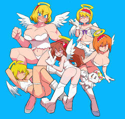 Rule 34 | 5girls, alice margatroid, angel, angel wings, armpits, arms behind head, ass, babydoll, blonde hair, blue eyes, boots, bra, breasts, brown hair, camisole, cigarette, closed mouth, colored inner hair, commentary request, cookie (touhou), crop top, earrings, flat chest, food-themed hair ornament, frilled hairband, frills, full body, hair between eyes, hair ornament, hairband, halo, highres, hinase (cookie), holding, holding cigarette, ichigo (cookie), jewelry, jigen (cookie), kneehighs, large breasts, long hair, looking at viewer, looking back, medium breasts, multicolored hair, multiple girls, open mouth, orange hair, panties, purple hair, red hairband, sakuranbou (cookie), scotch (cookie), short hair, simple background, small breasts, smile, socks, strawberry hair ornament, stuffed animal, stuffed rabbit, stuffed toy, symbol-shaped pupils, taisa (cookie), thigh boots, thighhighs, touhou, underwear, wavy mouth, white bra, white camisole, white footwear, white legwear, white panties, white wings, wings, yen sign