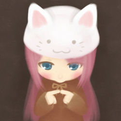 Rule 34 | :&gt;, animal hat, bad id, bad pixiv id, blue eyes, cat hat, cocona, from above, hat, lowres, megurine luka, megurine luka (toeto), pink hair, solo, toeto (vocaloid), vocaloid