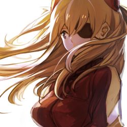 Rule 34 | 1girl, backlighting, blonde hair, covered mouth, eyepatch, floating hair, from side, grey eyes, hair between eyes, hair over mouth, headgear, hungry clicker, jacket, long hair, neon genesis evangelion, red jacket, simple background, solo, souryuu asuka langley, upper body, white background