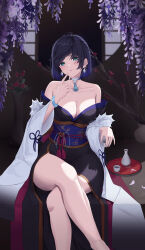 Rule 34 | 1girl, absurdres, alcohol, alternate costume, bakemonsou, black hair, blue hair, bob cut, bottle, breasts, choker, choko (cup), cleavage, closed mouth, crossed legs, cup, diagonal bangs, dice, earrings, flower, genshin impact, gradient hair, green eyes, hand up, highres, holding, holding cup, index finger raised, japanese clothes, jewelry, kimono, large breasts, looking at viewer, mole, mole on breast, multicolored hair, obi, off shoulder, petals, purple lips, sake, sake bottle, sash, short hair, sitting, solo, tassel choker, thighs, white choker, yelan (genshin impact)