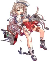 Rule 34 | 1girl, acea4, adapted turret, blue sailor collar, brown hair, cannon, damaged, full body, green eyes, gun, hat, kantai collection, long hair, low twintails, machinery, mast, mikura (kancolle), official art, one eye closed, open mouth, panties, pleated skirt, puffy short sleeves, puffy sleeves, red skirt, round teeth, sailor collar, sailor hat, school uniform, serafuku, short sleeves, skirt, smokestack, socks, solo, teeth, torn clothes, transparent background, turret, twintails, underwear, upper teeth only, weapon, white hat, white panties, white socks
