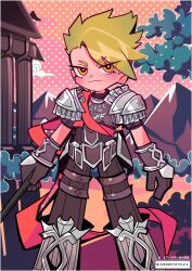 Rule 34 | 1boy, achilles (fate), architecture, armor, black gloves, branch, closed mouth, cloud, dated, eyelashes, fate/apocrypha, fate (series), gloves, greco-roman architecture, green hair, half-closed eyes, highres, holding, maewenmitzuki, male focus, armored boots, mountain, outdoors, red sash, sash, short hair, shoulder armor, smile, smug, standing, undercut