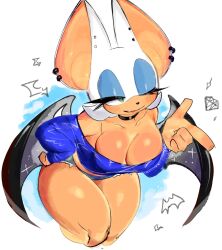 Rule 34 | animal ears, bare shoulders, bat ears, bat girl, bat wings, breasts, cleavage, ear piercing, eyeshadow, furry, furry female, green eyes, hand on own hip, highres, large breasts, makeup, midriff, piercing, rouge the bat, seductive smile, shorts, smile, sonic (series), thick thighs, thighs, usa37107692, white fur, wide hips, wings