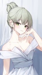 Rule 34 | 1girl, bare shoulders, blush, breasts, bridal veil, bride, cleavage, closed mouth, collarbone, curtains, dress, earrings, gnns, green eyes, green hair, grey background, hair bun, hair ornament, hairclip, hand on own chin, highres, jewelry, looking at viewer, medium breasts, medium hair, off-shoulder dress, off shoulder, original, ring, smile, solo, standing, upper body, veil, virtual youtuber, wedding dress, white dress, white veil