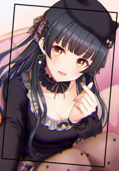 Rule 34 | 1girl, :d, animal print, beret, black hair, black hat, black shirt, blunt bangs, blurry, blurry background, blush, bow, breasts, brown bow, brown eyes, brown nails, brown pantyhose, cleavage, couch, depth of field, earrings, hair bow, hand up, hat, heart, heart earrings, idolmaster, idolmaster shiny colors, jewelry, leopard print, looking at viewer, mayuzumi fuyuko, medium breasts, nail polish, open mouth, pantyhose, polka dot, polka dot legwear, print bow, selfie, shirt, smile, solo, tobade (tbdfactory)