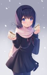 Rule 34 | 1girl, bag, baozi, black dress, blue eyes, blue pantyhose, blush, commentary request, cowboy shot, dress, eating, food, hairband, hands up, highres, holding, holding food, long sleeves, looking at viewer, na-ga, neck ribbon, original, outdoors, pantyhose, pink scarf, purple hair, ribbon, scarf, school bag, short hair, snowing, solo, standing, translation request, winter clothes