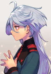 Rule 34 | 1girl, ahoge, asticassia school uniform, blunt ends, facing to the side, green jacket, grey background, grey eyes, grey hair, gundam, gundam suisei no majo, hair between eyes, hungry clicker, jacket, long hair, long sleeves, looking to the side, miorine rembran, own hands together, school uniform, solo, upper body
