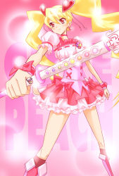 Rule 34 | 00s, 1girl, bad id, bad pixiv id, blonde hair, boots, bow, character name, choker, corset, cure peach, earrings, eyelashes, foreshortening, fresh precure!, frown, hair ornament, hairpin, heart, heart hair ornament, highres, jewelry, knee boots, kneehighs, kojikoji, long hair, magical girl, momozono love, pink bow, pink footwear, precure, red eyes, ribbon, serious, skirt, socks, solo, sparkle, twintails, wand