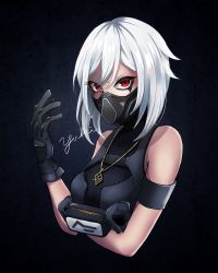 Rule 34 | 1girl, artist name, bare shoulders, black gloves, breasts, commentary request, dark background, fortnite, gloves, hair between eyes, highres, hush (fortnite), jewelry, looking at viewer, mask, medium breasts, medium hair, mouth mask, necklace, red eyes, simple background, solo, white hair, yuki (angieee)