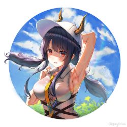 Rule 34 | 1girl, arknights, arm up, armpits, blue hair, blush, breasts, ch&#039;en (arknights), cloud, cloudy sky, collared shirt, commentary, day, dragon horns, embarrassed, english commentary, female focus, flower, greypidjun, hat, highres, horns, large breasts, long hair, looking at viewer, necktie, open mouth, outdoors, rainbow, red eyes, shirt, sideboob, sidelocks, sky, sleeveless, sleeveless shirt, solo, sweat, twintails, twitter username, upper body, white hat, white shirt, yellow necktie
