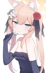 Rule 34 | 1girl, animal ear fluff, animal ears, black dress, black gloves, blue archive, blue eyes, breasts, cat ears, closed mouth, dress, elbow gloves, flower, gloves, hair flower, hair ornament, halo, highres, holding, holding flower, long hair, looking at viewer, mari (blue archive), orange hair, red flower, simple background, small breasts, smile, solo, takeroku, white background, white flower, yellow halo