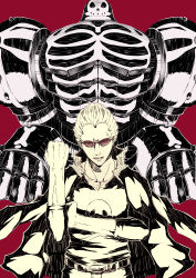 Rule 34 | 2boys, absurdres, belt, bras d&#039;honneur, clenched hand, dual persona, glasses, grin, highres, jacket, jacket on shoulders, jewelry, jolly roger, lightning80, looking at viewer, male focus, monochrome, multiple boys, muscular, necklace, nose piercing, open mouth, pants, persona, persona 4, piercing, red background, scar, school uniform, short hair, simple background, skull and crossbones, smile, spot color, standing, sunglasses, take-mikazuchi, tatsumi kanji