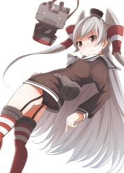Rule 34 | 10s, 1girl, amatsukaze (kancolle), bad id, bad pixiv id, black panties, brown eyes, dress, garter straps, highres, kantai collection, lace, lace-trimmed panties, lace trim, long hair, panties, pantyshot, personification, rensouhou-kun, sailor dress, school uniform, serafuku, short dress, silver hair, standing, striped clothes, striped thighhighs, suzumeko, thighhighs, twintails, two side up, underwear