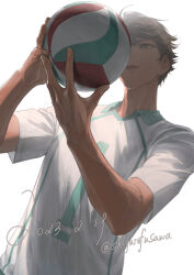 Rule 34 | 1boy, ball, brown eyes, brown hair, dated, haikyuu!!, holding, holding ball, jersey, kinsatsu (grizzled), licking lips, male focus, oikawa tooru (haikyuu!!), short hair, simple background, solo, sportswear, tongue, tongue out, twitter username, upper body, volleyball (object), volleyball uniform, white background