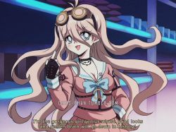 Rule 34 | 1990s (style), 1girl, :d, ahoge, antenna hair, barbed wire, black gloves, blonde hair, blue eyes, blush, breasts, choker, cleavage, commentary, criis-chan, danganronpa (series), danganronpa v3: killing harmony, english text, fingerless gloves, gloves, goggles, goggles on head, hair between eyes, hair ornament, hand on own hip, index finger raised, iruma miu, long hair, long sleeves, looking at viewer, medium breasts, open mouth, pink shirt, pleated skirt, retro artstyle, sailor collar, school uniform, serafuku, shirt, skirt, smile, solo, subtitled, symbol-only commentary, twitter username, upper body