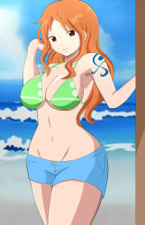 Rule 34 | 1girl, absurdres, brown eyes, highres, long hair, nami (one piece), one piece, orange hair, solo, tattoo