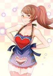 Rule 34 | 10s, 1girl, apron, beatrix (granblue fantasy), black panties, breasts, brown eyes, brown hair, checkered background, cleavage, clothing cutout, collarbone, cowboy shot, granblue fantasy, heart, heart cutout, highres, itadaku, large breasts, looking at viewer, naked apron, panties, ponytail, smile, solo, standing, thighhighs, underwear