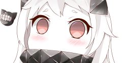 Rule 34 | 10s, 1girl, abyssal ship, close-up, collar, colored skin, covered mouth, empty eyes, enemy aircraft (kancolle), horns, kantai collection, long hair, looking at viewer, nahaki, no nose, northern ocean princess, red eyes, short eyebrows, simple background, symbol-shaped pupils, white background, white hair, white skin