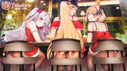 Rule 34 | 3girls, alcohol, antenna hair, ass, azur lane, bar (place), bare shoulders, beer, beer mug, bismarck (azur lane), black choker, black headwear, black panties, blonde hair, blush, bow, breasts, brown legwear, chair, choker, closed mouth, commentary request, copyright name, counter, cross, cross earrings, cup, dress, earrings, feet out of frame, fur-trimmed dress, fur trim, gloves, hair bow, hand on own cheek, hand on own face, hat, indoors, jewelry, katsurai yoshiaki, large breasts, leaning forward, long hair, looking at viewer, looking back, mug, multicolored hair, multiple girls, off-shoulder dress, off shoulder, official art, on chair, orange eyes, panties, panties under pantyhose, pantyhose, pantyshot, peaked cap, prinz eugen (azur lane), red bow, red dress, red gloves, red hair, roon (azur lane), santa dress, short dress, short hair, shoulder blades, silver hair, sitting, sleeveless, sleeveless dress, smile, streaked hair, two-tone hair, two side up, underwear, upskirt, very long hair