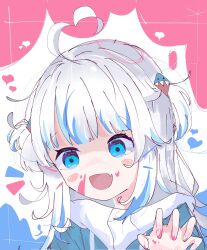 Rule 34 | 1girl, blood, blood on face, blood on hands, blue background, blue eyes, blue hair, blue hoodie, blunt bangs, blush stickers, commentary, fang, gawr gura, gawr gura (1st costume), grey hair, hair ornament, hand up, heart, highres, hololive, hololive english, hood, hood down, hoodie, koyoinacho, long hair, looking at viewer, multicolored background, multicolored hair, notice lines, open mouth, pink background, pink blood, portrait, shaded face, shark girl, shark hair ornament, simple background, skin fang, smile, solo, streaked hair, symbol-only commentary, two side up, virtual youtuber, white background
