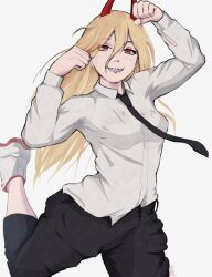 Rule 34 | 1girl, black necktie, black shorts, blonde hair, breasts, chainsaw man, collared shirt, cross-shaped pupils, grey background, grin, hair between eyes, highres, horns, long hair, long sleeves, looking at viewer, medium breasts, necktie, paw pose, power (chainsaw man), red horns, sharp teeth, shirt, shoes, shorts, simple background, smile, solo, symbol-shaped pupils, teeth, white shirt, yoracrab