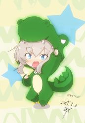 Rule 34 | 1girl, :3, :d, aged down, alligator costume, alternate costume, arm up, artist name, barefoot, blue eyes, blush stickers, child, clenched hands, commentary, dancing, dated, eyes visible through hair, full body, girls und panzer, highres, itsumi erika, jinguu (4839ms), long hair, long sleeves, looking at viewer, onesie, open mouth, raised fist, silver hair, simple background, smile, solo, standing, standing on one leg, star (symbol), starry background, translated