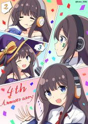 Rule 34 | 1girl, :d, :t, ;d, absurdres, anniversary, azur lane, bare shoulders, black hair, blue eyes, blue jacket, blush, closed eyes, closed mouth, collared shirt, commentary request, confetti, eating, hat, headphones, highres, holding, jacket, kamishiro (rsg10679), long island (azur lane), long sleeves, off shoulder, one eye closed, open mouth, profile, purple headwear, shirt, sleeveless, sleeveless shirt, sleeves past wrists, smile, twitter username, white shirt, witch hat