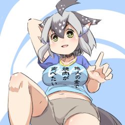 Rule 34 | 1girl, :d, ahoge, arm behind head, arm up, bad id, bad pixiv id, blouse, blue background, blue shirt, blush, breasts, brown shorts, clothes writing, collarbone, commentary request, greater roadrunner (kemono friends), green eyes, grey hair, hair between eyes, hair ornament, kemono friends, kemono friends 2, large breasts, long hair, looking at viewer, midriff, navel, open mouth, shirt, short shorts, short sleeves, shorts, smile, solo, translated, two-tone background, u-non (annon&#039;an), v-shaped eyebrows, white background
