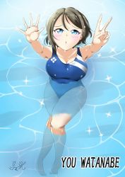 Rule 34 | 1girl, :o, absurdres, artist name, artist request, bare legs, bare shoulders, blue eyes, blue one-piece swimsuit, blush, breasts, collarbone, competition swimsuit, feet, female focus, five, full body, grey hair, highres, horizon, legs together, light brown hair, looking at viewer, love live!, love live! school idol festival, love live! sunshine!!, manami (nbnbmanmin), medium breasts, ocean, one-piece swimsuit, parted lips, peace, pool, short hair, smile, solo, swimsuit, watanabe you