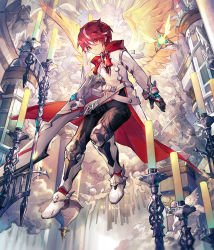 Rule 34 | 1boy, angel wings, belt, black gloves, black legwear, boots, candle, cape, cherub, elsword, elsword (character), floating, full body, gloves, highres, holding, holding sword, holding weapon, jacket, male focus, multicolored hair, pants, parted lips, red eyes, red hair, sacred templar (elsword), scorpion5050, streaked hair, sword, weapon, white footwear, white hair, white jacket, wings