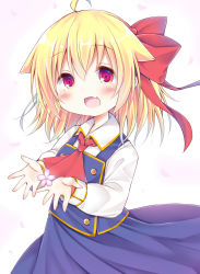 Rule 34 | 1girl, :d, absurdres, ahoge, alternate costume, ascot, blonde hair, blue skirt, blue vest, blush, bow, cherry blossoms, collared shirt, commentary request, esureki, fang, flower, gradient background, hair between eyes, hair bow, hair flaps, highres, holding, holding flower, long hair, long sleeves, open mouth, petals, pink background, pink flower, red ascot, red bow, red eyes, rumia, shirt, skirt, smile, solo, touhou, vest, white background, white shirt
