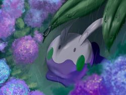 Rule 34 | blurry, closed mouth, commentary request, creatures (company), fkinoee, flower, from above, game freak, gen 6 pokemon, goomy, grey eyes, highres, hydrangea, leaf, looking up, nintendo, no humans, outdoors, pokemon, pokemon (creature), rain, solo, water, water drop