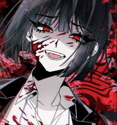 Rule 34 | 1girl, 3cnfw, abstract background, black coat, black hair, blood, blood on clothes, blood on face, bob cut, coat, coat on shoulders, collared shirt, highres, limbus company, looking at viewer, open mouth, portrait, project moon, red background, red eyes, ryoshu (project moon), shirt, short hair, solo, white shirt